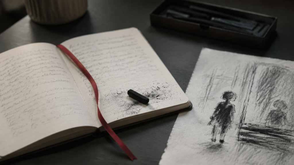 Carnet, fusain et ruban rouge évoquant l’écriture du thriller L’Enfant Miroir