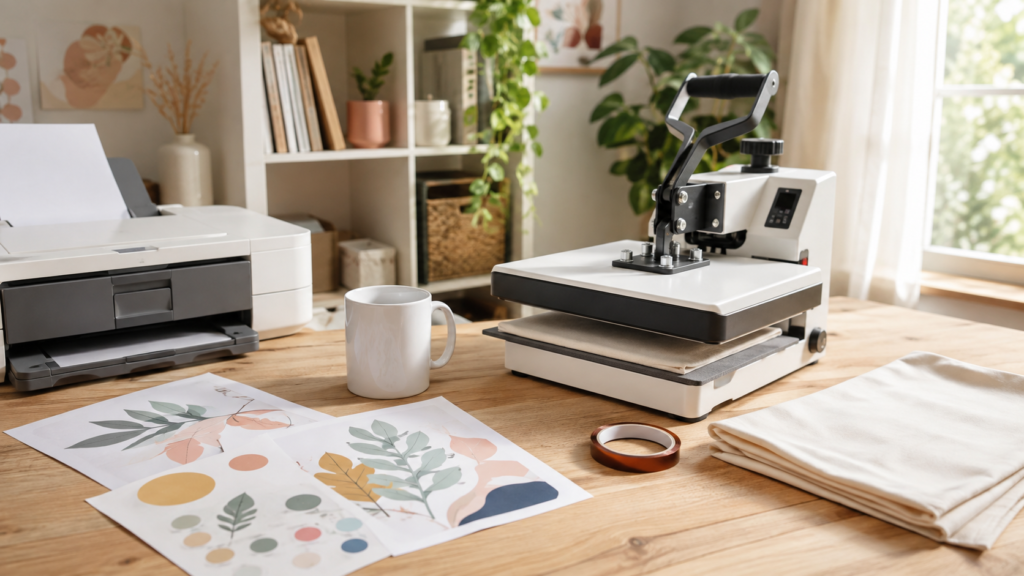 Atelier équipé pour créer un guide pratique consacré à la sublimation