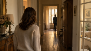 Femme de dos observant une silhouette masculine au bout d’un couloir
