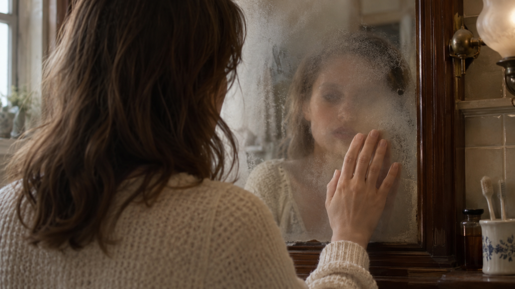 Femme posant la main sur un miroir dont la buée masque partiellement son reflet