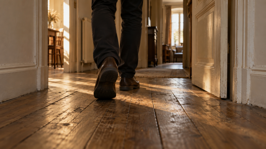 Homme marchant sur le parquet d’un couloir ancien