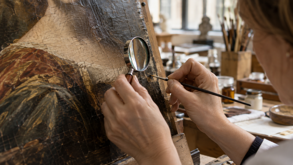 Restauratrice retouchant une peinture ancienne avec un pinceau fin et une loupe