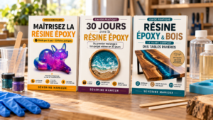 Trois guides sur la résine époxy de Séverine Mahieux présentés dans un atelier créatif