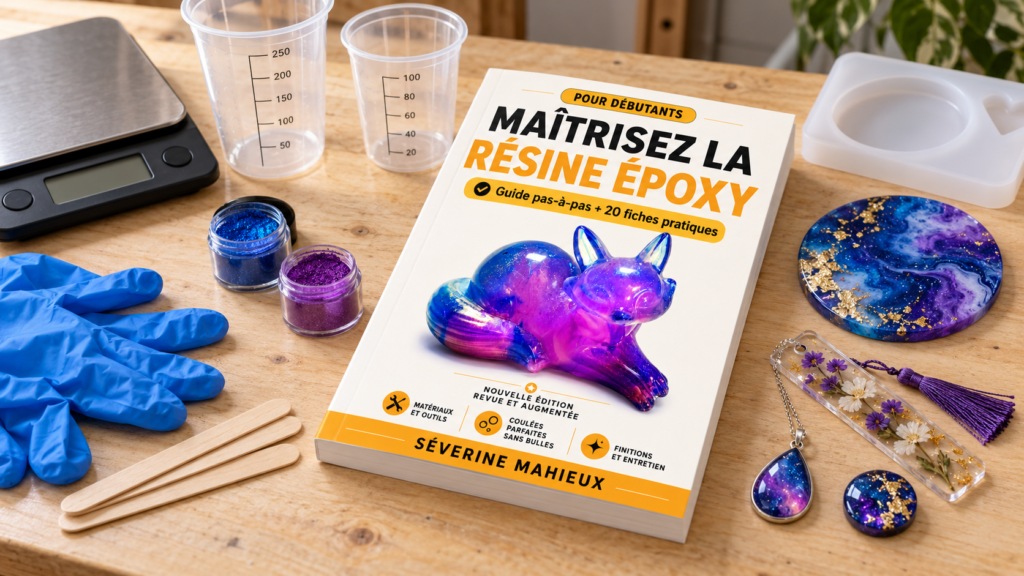 Livre Maîtrisez la résine époxy entouré de matériel et de petites créations en résine
