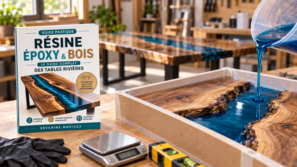 Livre Résine Époxy et Bois près d’un coffrage et d’une table rivière