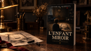 Livre L’Enfant Miroir posé près d’un dessin au fusain et d’un ruban rouge