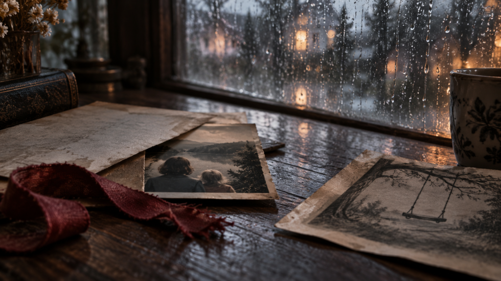 Photographie ancienne, ruban rouge et dessin évoquant des souvenirs fragmentés