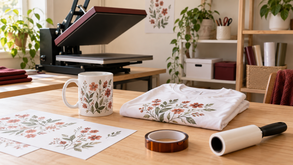 Atelier de sublimation pour débutants avec presse à chaud, mug et tee-shirt à motifs floraux