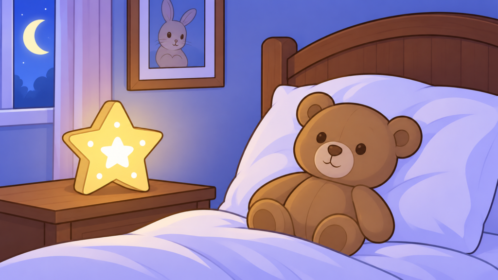 Ours en peluche près d’une veilleuse étoilée dans une chambre d’enfant