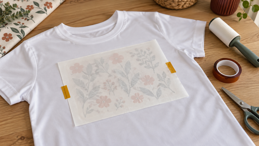 Papier de sublimation fixé sur un tee-shirt blanc avec du ruban thermique