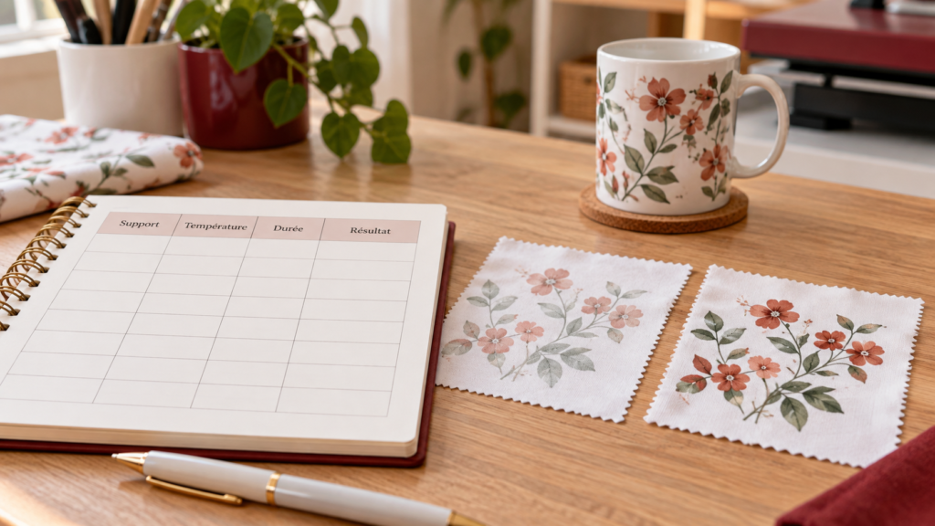 Carnet de suivi des essais de sublimation avec deux échantillons de tissu imprimés